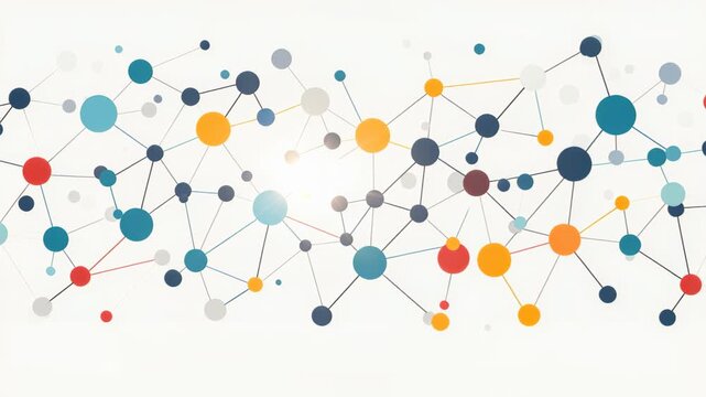 Network of Colorful Dots and Lines: A vibrant abstract illustration depicting a complex network of interconnected colorful dots and lines, representing data, connections, and digital communication.
