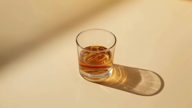 Amber Whiskey Liquor in Glass Casts Elongated Shadow Across Sunlit Beige Surface