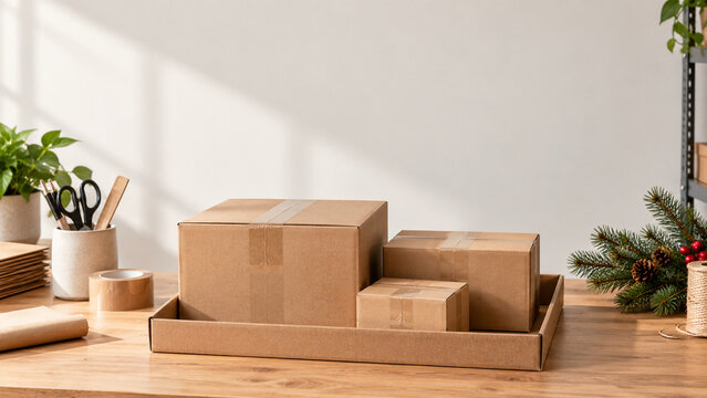 Three Sealed Parcels on a Christmas Packing Table