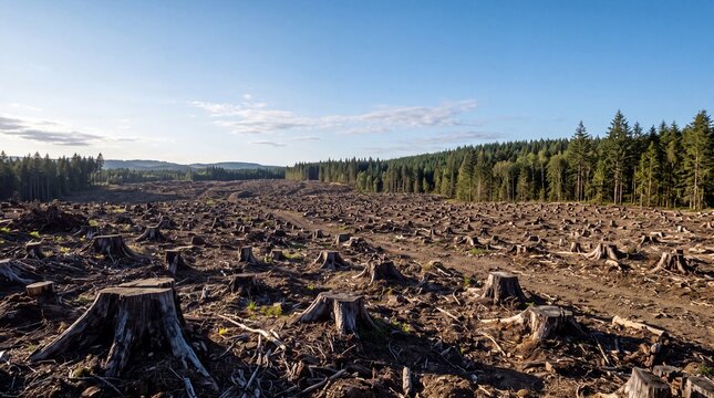 A large area of deforested land with tree stumps and clear skies