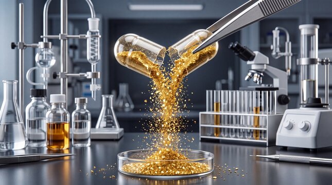 Laboratory experiment showing golden particles being poured into a petri dish