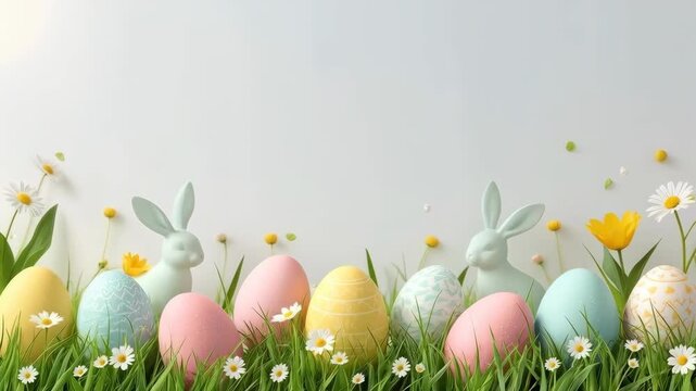 Pastel Easter Egg Garden with Bunny Decorations, Spring Flowers and Fresh Green Grass