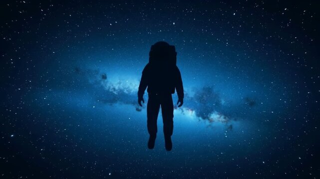 Astronaut Silhouette Floating Through Blue Starry Galaxy, Evoking Deep Space Exploration