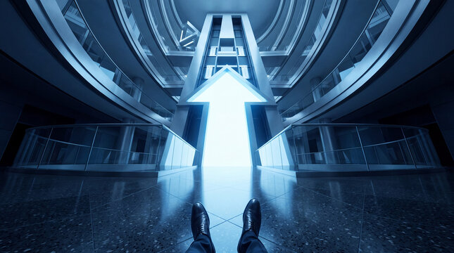 Futuristic building interior with glowing upward arrow symbol, modern architecture, progress concept, bright future, clean lines, architectural perspective