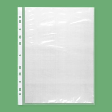 Blank white plastic binder sheet protector on green background