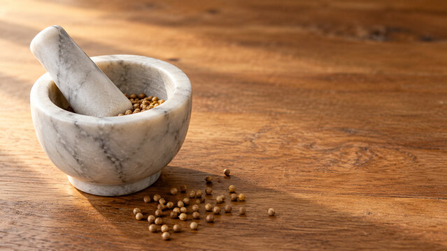 Marble Mortar and Pestle on Wooden Kitchen Counter
