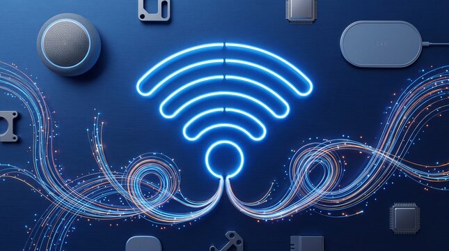 Digital wifi signal icon glowing with blue neon light surrounded by electronic components and abstract data streams, representing connectivity and technology