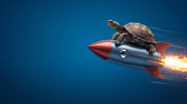 Pixelated turtle riding a fast-moving rocket with fiery exhaust against a deep blue gradient background, speed concept