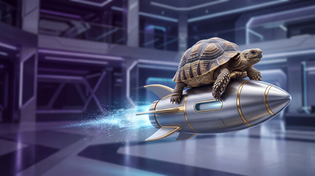 Pixelated tortoise riding a silver rocket spaceship with glowing blue exhaust in a futuristic interior, concept of slow progress and rapid advancement