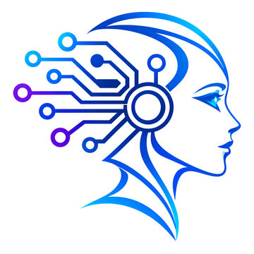 Futuristic AI woman head profile with circuit board lines, nodes and flowing hair, blue purple gradient line art technology concept on white background