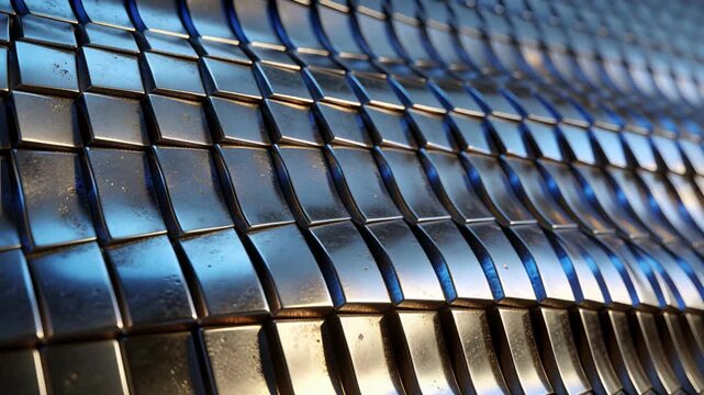 Moving camera panning curved metal tiles on wall to reveal panel shifting blue golden highlights