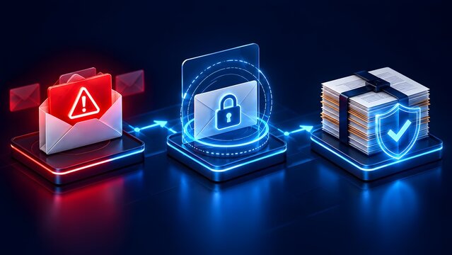 Cybersecurity workflow concept showing a red warning email transforming into a secure locked message and finally a protected document stack.
