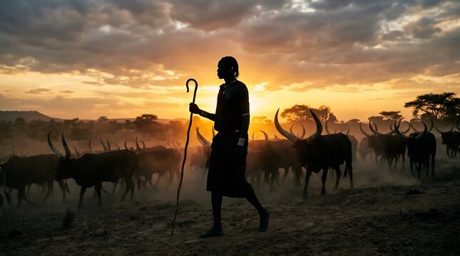 Silhouette of a herder with a staff leading long horned cattle at sunset in the savanna