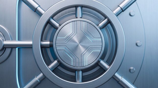 Close-up of a metallic bank vault door with a complex circular locking mechanism, suggesting security and financial safety