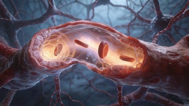 Revealing vessel moving red cells and white cell through narrow lumen in tissue for oxygen delivery
