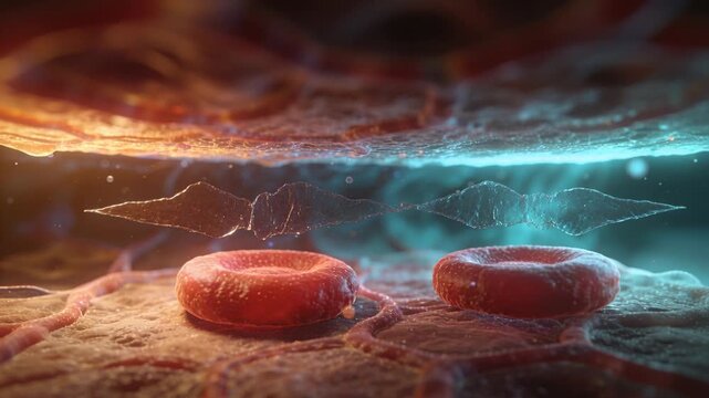 Drifting two red blood cells rotating and settling near tissue surface, filament forming above
