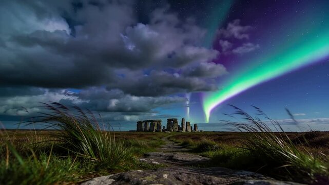 Appearing aurora intensifying, arcing above ancient stone circle on windy plain, path guiding