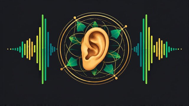 Modern vector illustration of human ear centered inside intricate sacred geometry pattern surrounded by colorful sound wave frequency bars for audio and sensory harmony concept