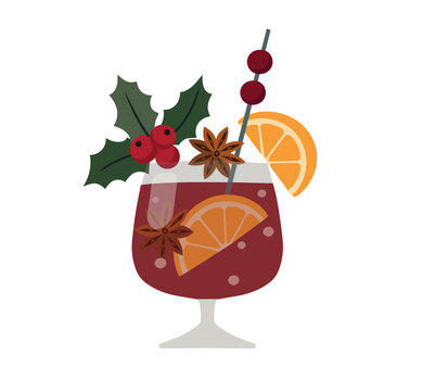 Christmas Mulled Wine Cocktail with Orange Slices, Star Anise spice, Holly Leaves and Red Berries. Festive Winter Holiday Alcoholic Hot Drink in Glass. New Year party. Isolated Vector Illustration
