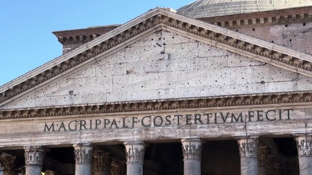 Latin inscription carved on the Pantheon frieze beneath the triangular pediment, Rome, Italy
