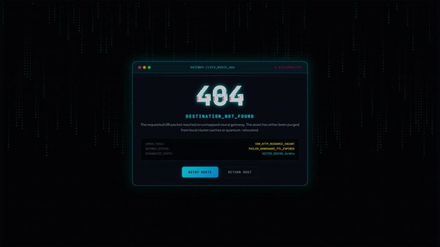 Cyberpunk Terminal Error 404 Disconnected Route Card with Seamless Looping Animation, Web Diagnostics Motion.