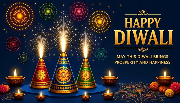 Happy Diwali Festival Background with Anar Crackers and Diyas. 