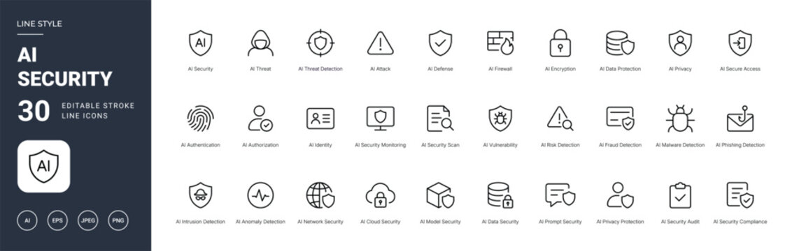 ai security icon line style threat protection editable stroke vector set