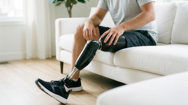 Close up of a man amputee with a transfemoral prosthetic leg sitting on a sofa.