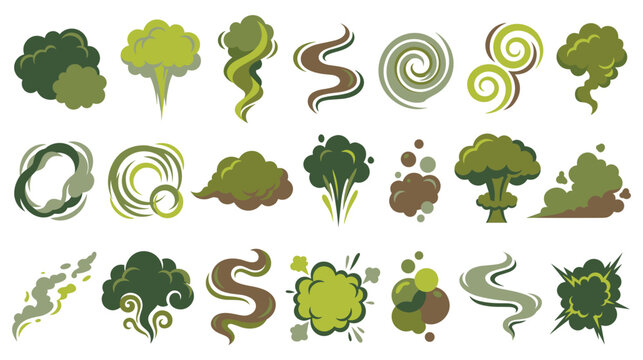 Smelly green smoke cloud and puff vector icons for comic design and stinky expressions.