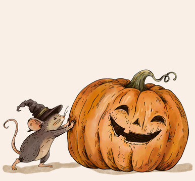 Illustration of a Little Witch Mouse and Jack O Lantern