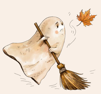 Cute Ghost Sweeping Autumn Leaf Illustration