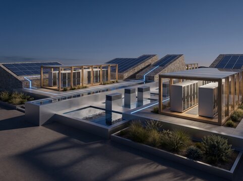 Modern sustainable eco-friendly data center facility with solar panels and cooling water features at twilight.