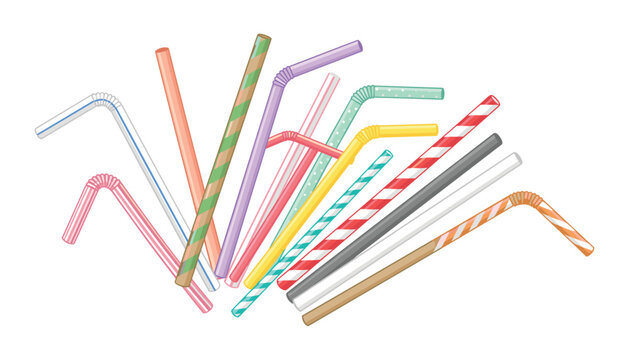 Colorful drinking straws vector clip art set. Striped, dotted, flexible, straight, plastic, paper, tubes.