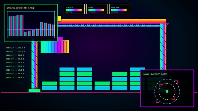 Automated warehouse optimization tracking system displays a digital crane moving colorful cargo blocks across stacked containers in a dark interface with vibrant neon graphical charts