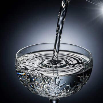 A stream of crystal clear liquid cascades into a vintage coupe glass, creating delicate ripples against a deep, dramatic dark background, elegant, background, restaurant