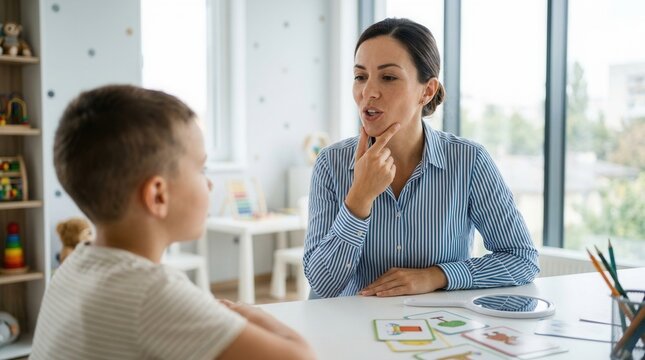 Female therapist demonstrating speech articulation techniques to a child during a session.