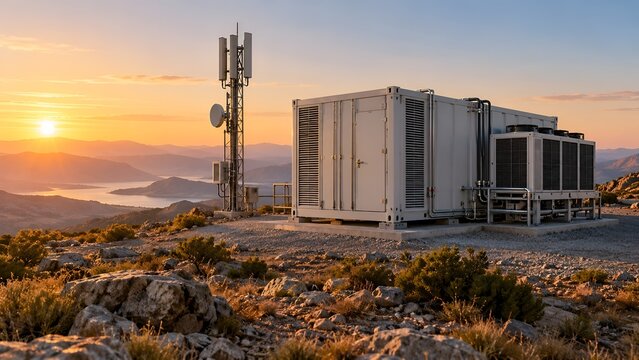 Telecommunication Tower and Industrial Container Data Center on a Rocky Mountain Peak at Sunrise Overlooking a Scenic Coastal Landscape with Network Infrastructure and Connectivity Concept