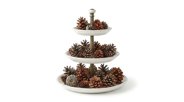 A three-tiered dish filled with pinecones on a white background