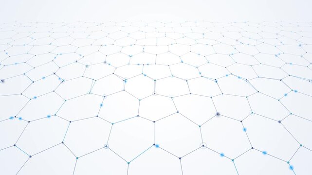 Abstract network of connected nodes and lines forming a hexagonal grid extending into the distance with a bright white background