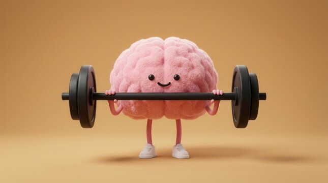 Mental strength concept featuring a cartoon brain character lifting weights.