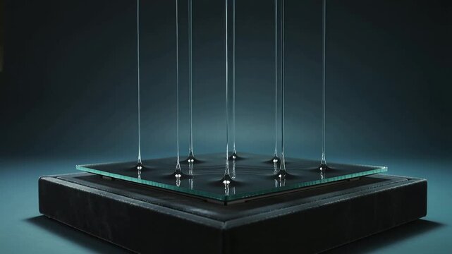 Dripping suspended columns forming droplets onto square glass plate on pedestal showing reflections