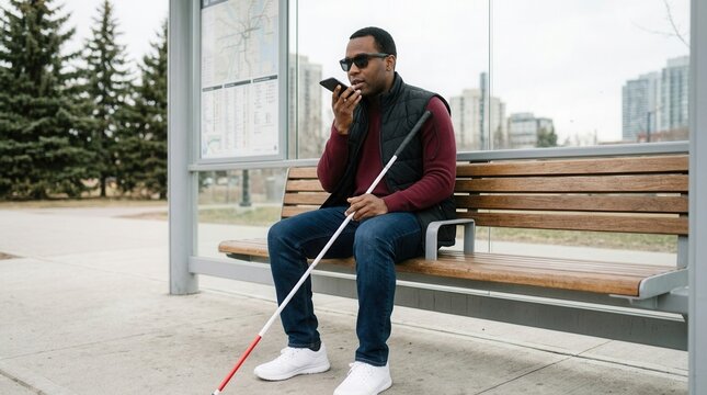 A blind man with a white cane using voice commands on a smartphone at a bus stop.