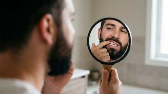 Close up of a man inspecting his dental hygiene using a handheld mirror.
