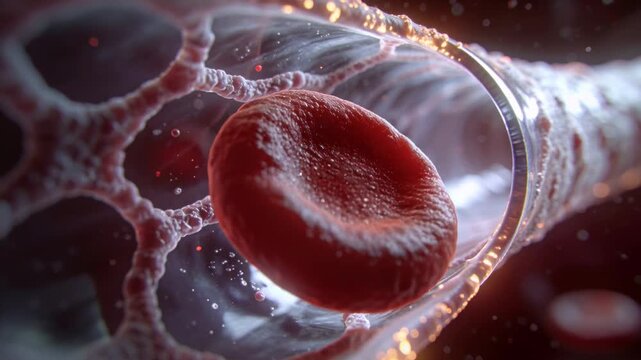 Moving red blood cell rolling through microscopic vessel, pushed by plasma flow past fibrillar mesh
