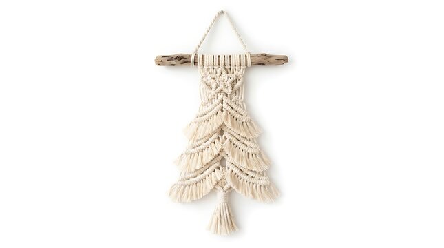 A macrame wall hanging made of natural fiber and driftwood on a white background
