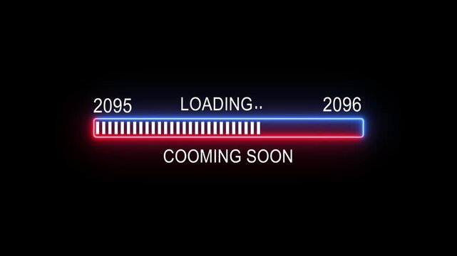 Futuristic neon loading bar animation with coming soon text on black background, for tech projects, progress bar