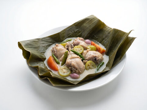 Garang Asem Ayam, traditional Indonesian chicken dish cooked in coconut milk inside a banana leaf