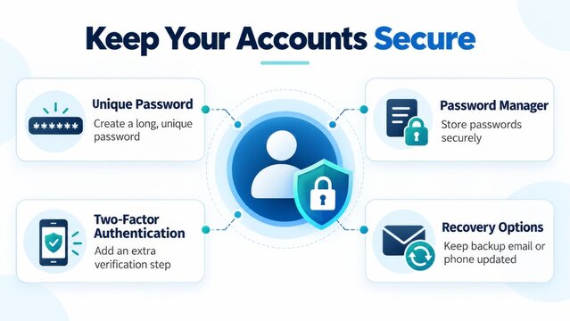 Cybersecurity account security infographic with unique password, password manager, two factor authentication and recovery options. Digital privacy and access protection concept