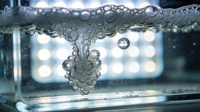Nucleating gas plume expanding in glass tank at lab, releasing bubbles toward LED backlight foam