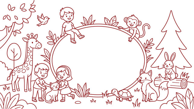 Jungle border frame line art featuring children animals giraffe monkey cat fox and turtle.